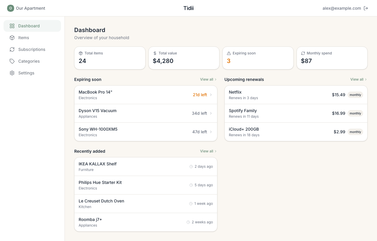 Tidii dashboard showing household inventory stats, expiring warranties, and upcoming subscription renewals